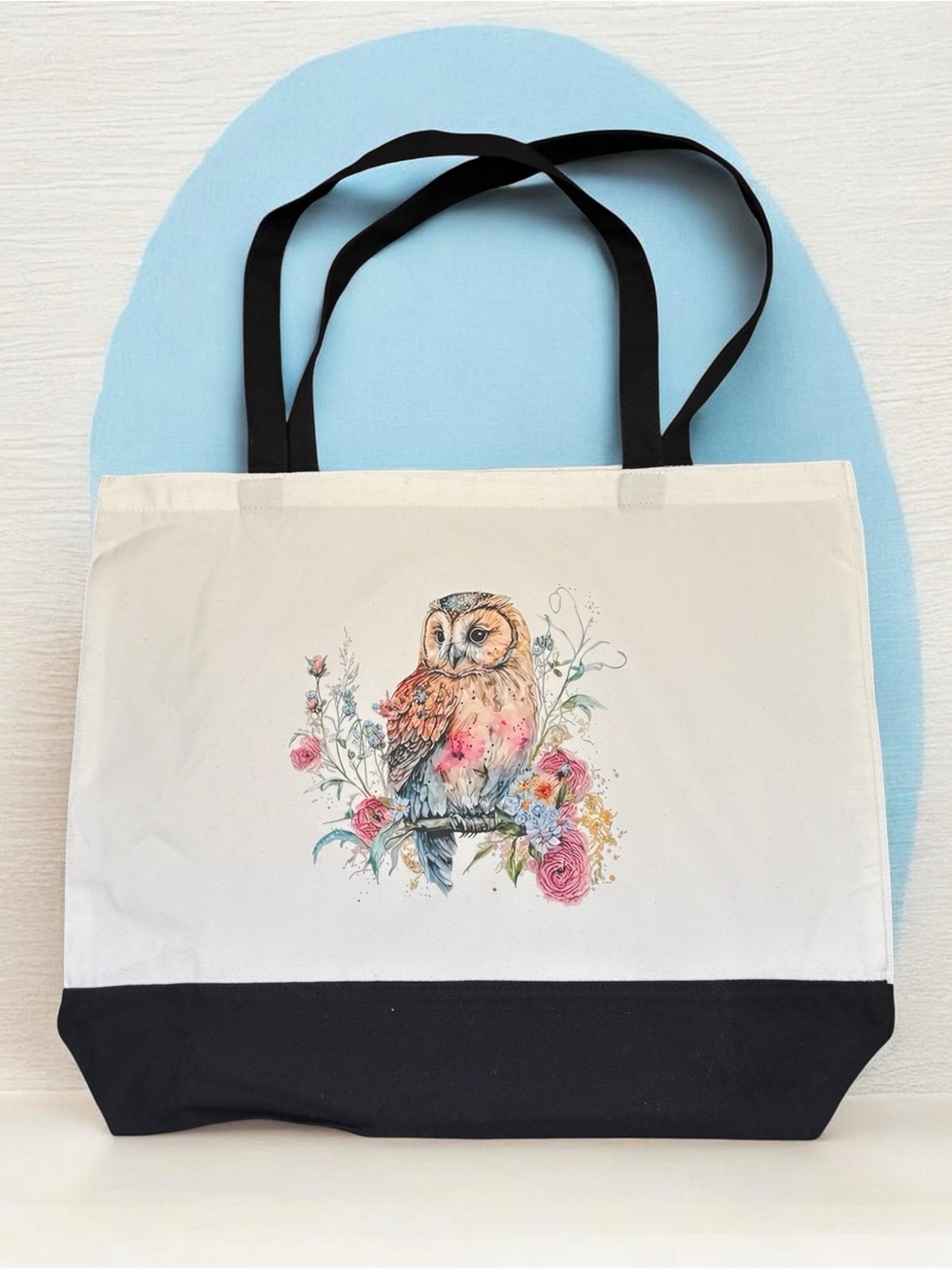 Canvas Tote Bag with Floral Owl Print - Cream and Black